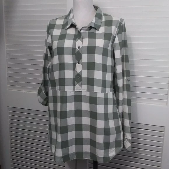 Caslon Green‎ White Large Check Cotton Flannel Tunic Roll Tab Sleeves Size Small - Picture 3 of 11
